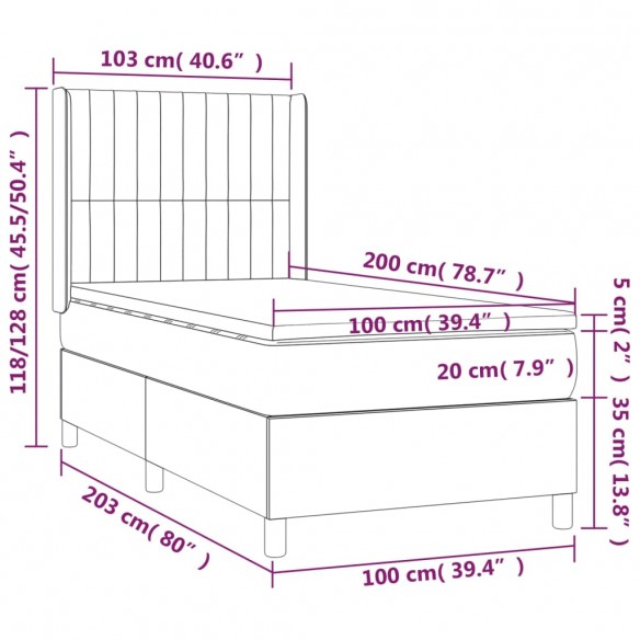 Cadre de lit matelas LED Gris foncé 100x200 cm Tissu