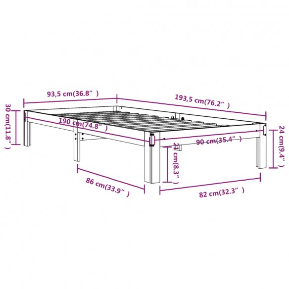 Cadre de lit Blanc Bois massif 90x190 cm Simple