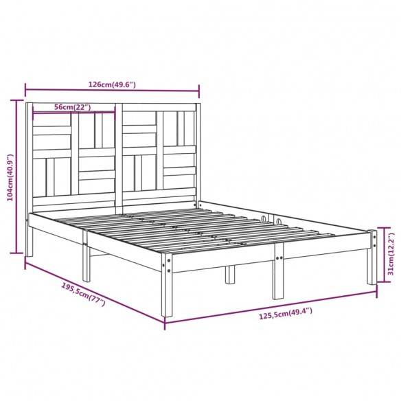 Cadre de lit Noir Bois massif 120x190 cm Petit Double