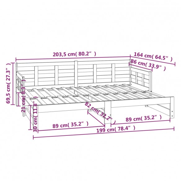 Lit coulissant Blanc Bois de pin solide 2x(80x200) cm