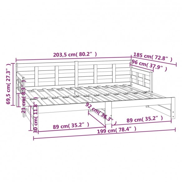 Lit coulissant Blanc Bois de pin massif 2x(90x200) cm