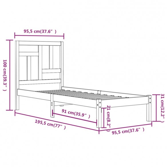 Cadre de lit bois de pin massif 90x190 cm simple