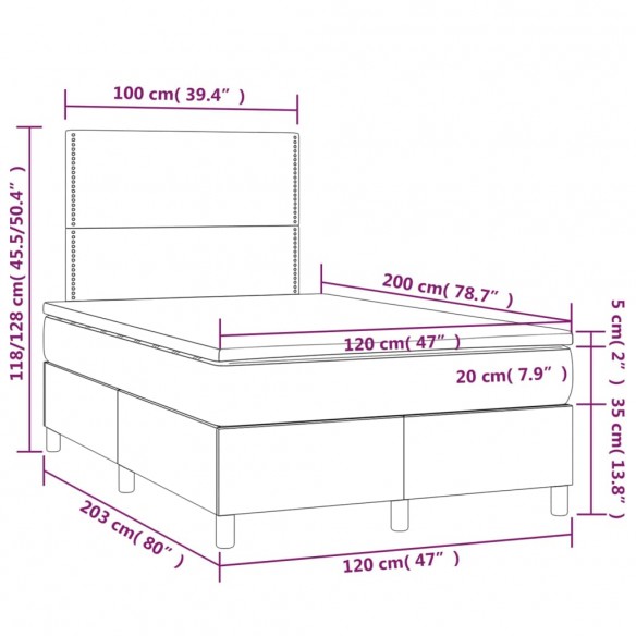 Cadre de lit et matelas et LED Gris foncé 120x200 cm