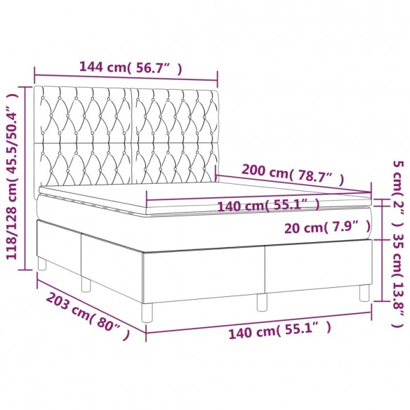 Cadre de lit et matelas et LED Gris foncé 140x200 cm