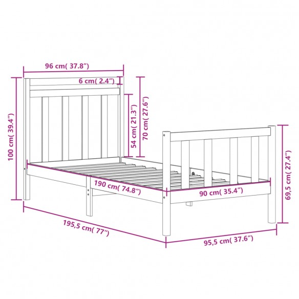 Cadre de lit Blanc Bois massif 90x190 cm Simple