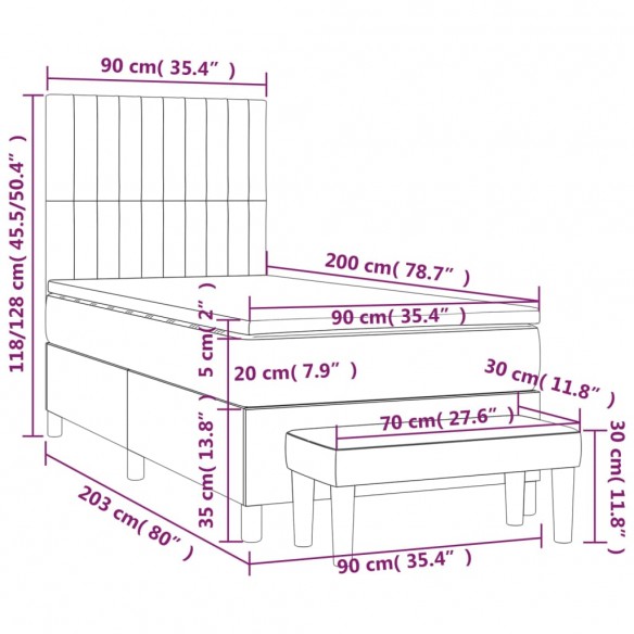 Cadre de lit avec matelas Gris foncé 90x200 cm Tissu