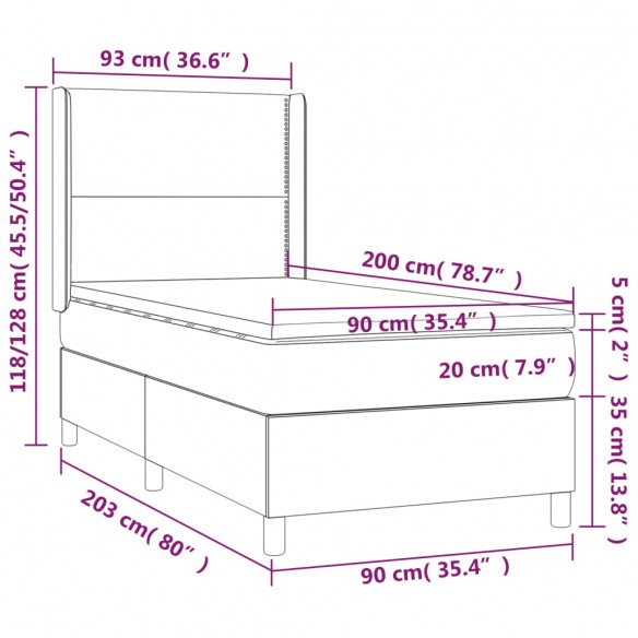 Cadre de lit avec matelas Gris foncé 90x200 cm Tissu