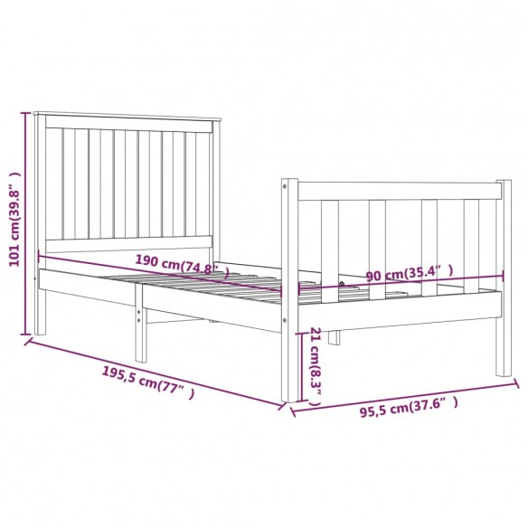 Cadre de lit Noir Bois de pin massif 90x190 cm Simple