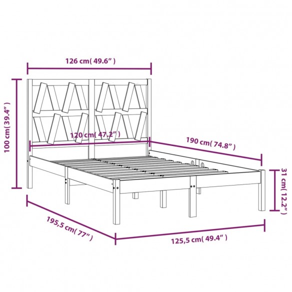 Cadre de lit Noir Bois de pin massif 120x190 cm Petit Double