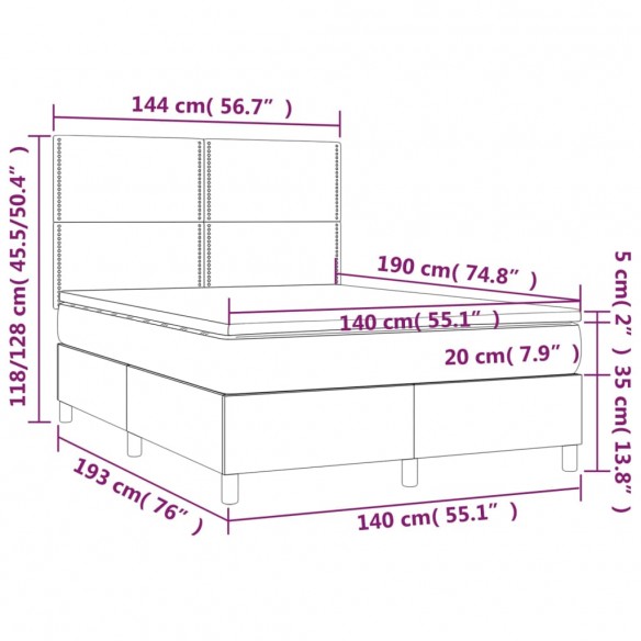 Cadre de lit avec matelas Gris foncé 140x190cm Tissu