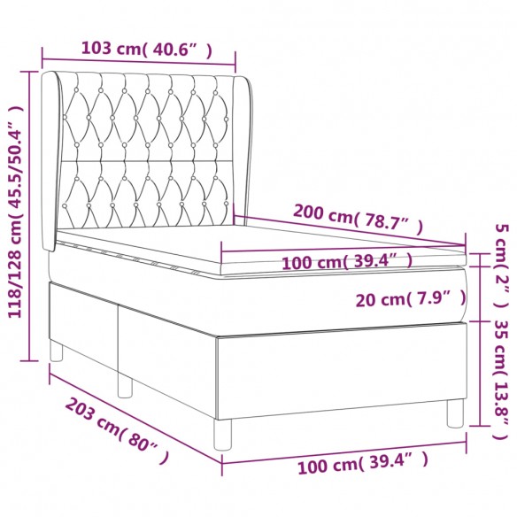 Cadre de lit avec matelas Gris foncé 100x200cm Tissu