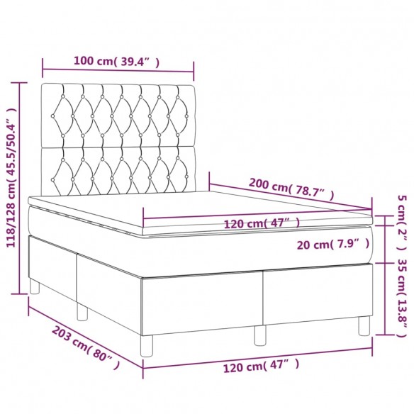 Cadre de lit et matelas et LED Gris foncé 120x200 cm