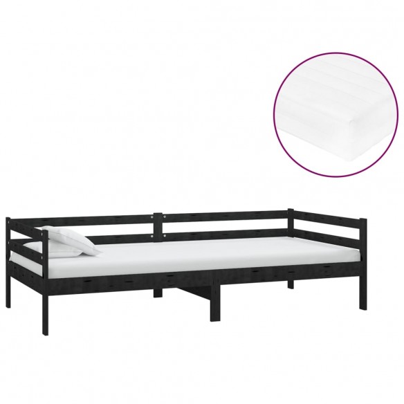 Lit de repos avec matelas 90x200 cm Noir Bois de pin massif