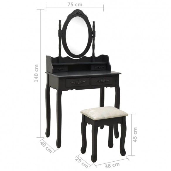 Ensemble de coiffeuse avec tabouret Noir 75x69x140 cm Paulownia