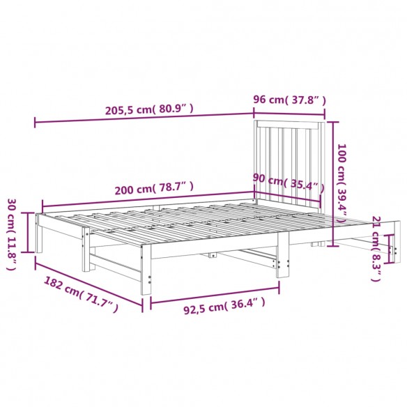 Lit coulissant Noir 2x(90x200) cm Bois de pin massif