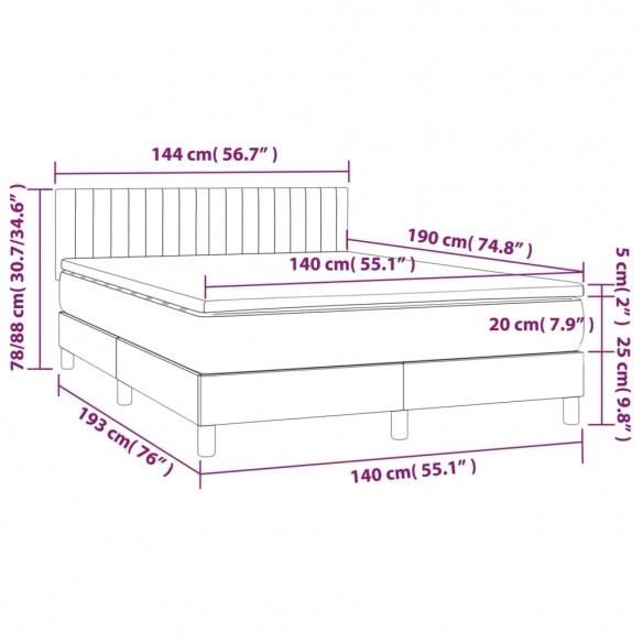 Cadre de lit et matelas et LED Gris foncé 140x190 cm