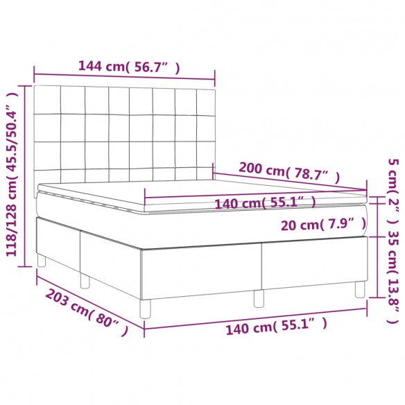 Cadre de lit matelas et LED Gris clair 140x200 cm