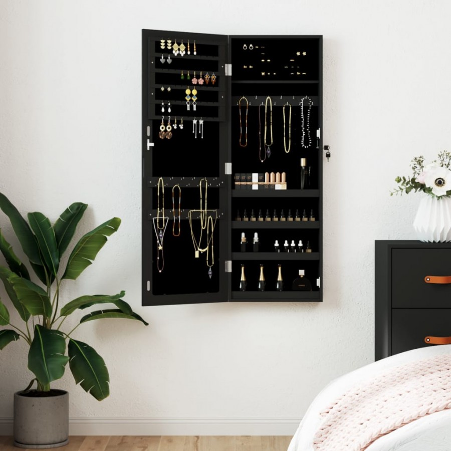 Armoire à bijoux avec miroir murale noir 37,5x10x106 cm