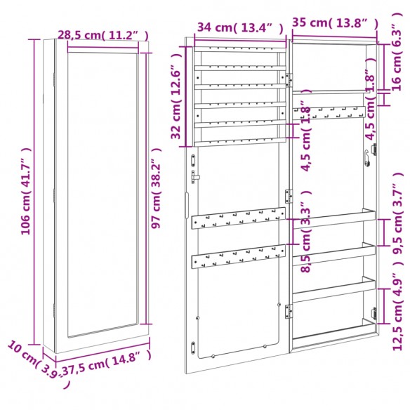 Armoire à bijoux avec miroir murale noir 37,5x10x106 cm