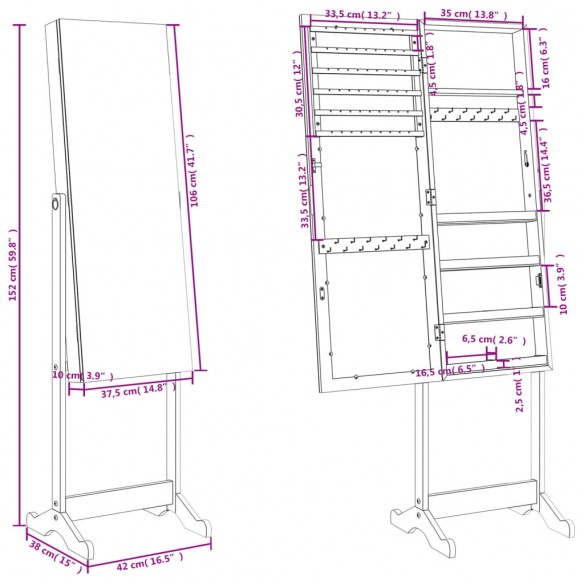 Armoire à bijoux avec miroir sur pied 42x38x152 cm