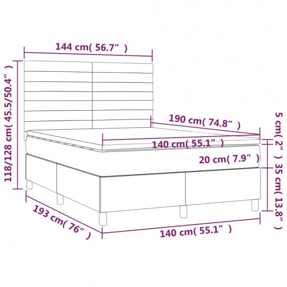 Cadre de lit et matelas et LED Taupe 140x190cm Tissu