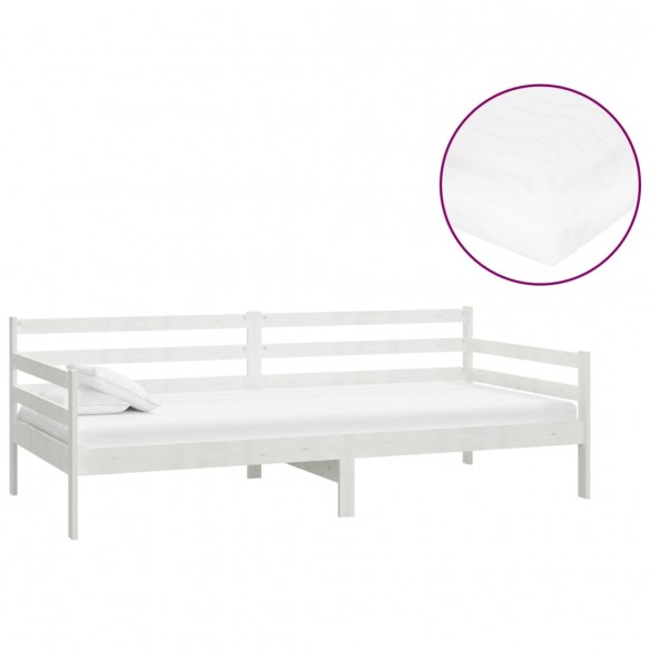 Lit de repos avec matelas 90x200 cm Blanc Bois de pin massif