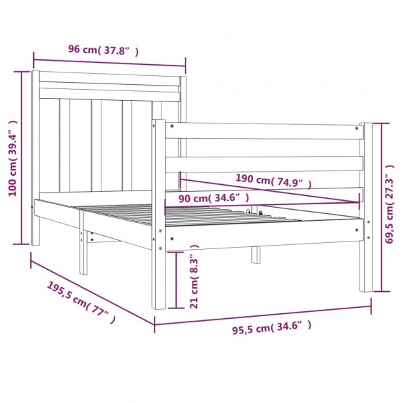 Cadre de lit Blanc Bois massif 90x190 cm Simple