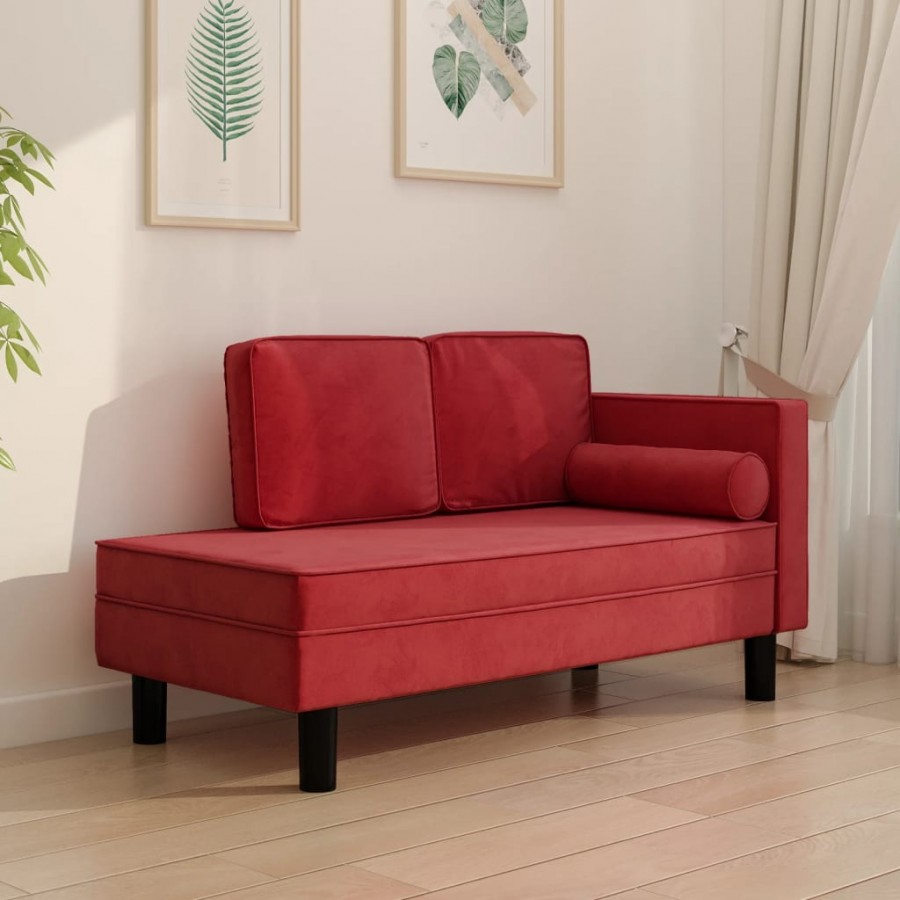 Chaise longue avec coussins et traversin rouge bordeaux velours