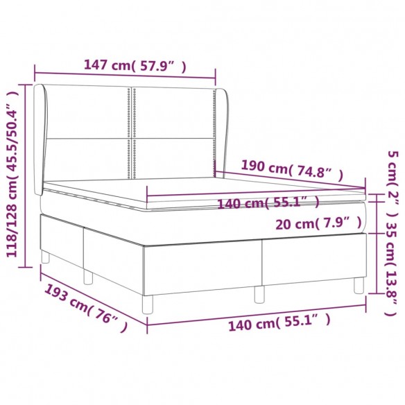 Cadre de lit avec matelas Gris foncé 140x190cm Tissu