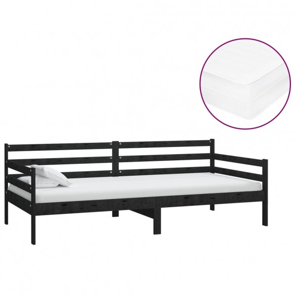 Lit de repos avec matelas 90x200 cm Noir Bois de pin massif