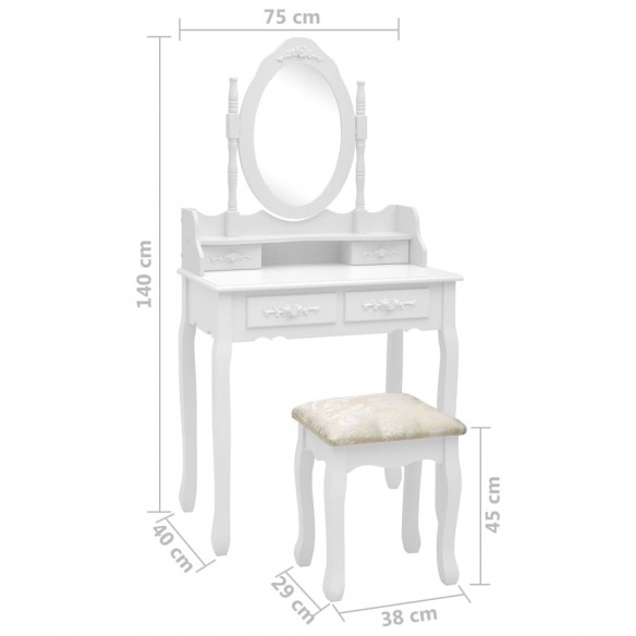 Ensemble de coiffeuse avec tabouret Blanc 75x69x140cm Paulownia