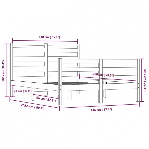 Cadre de lit Bois de pin massif 140x200 cm Gris