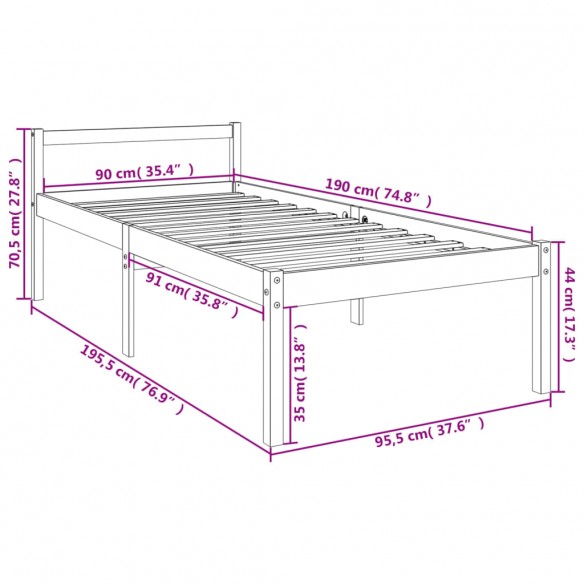 Lit pour personne âgée blanc 90x190cm simple bois massif de pin