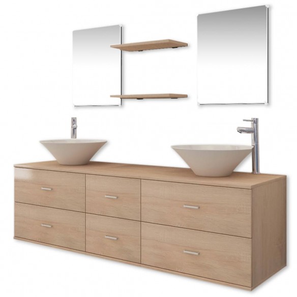 Meuble de salle de bain 9 pcs avec lavabo et robinet Beige