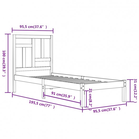 Cadre de lit Noir Bois de pin massif 90x190 cm Simple