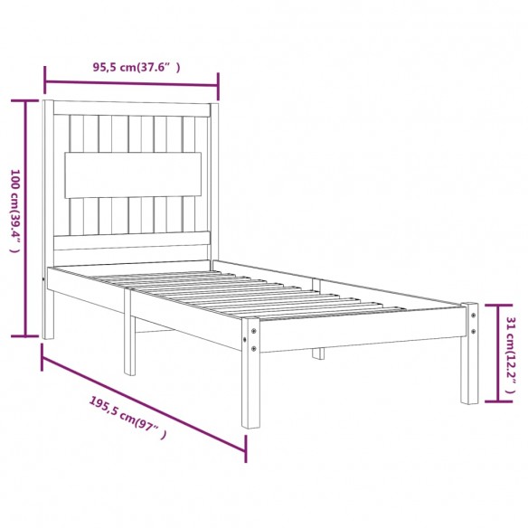 Cadre de lit Noir Bois de pin massif 90x190 cm Simple