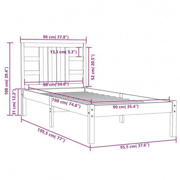 Cadre de lit Noir Bois massif 90x190 cm Simple