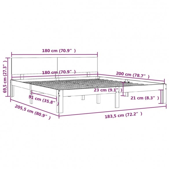 Cadre de lit Noir Bois massif 180x200 cm Super King