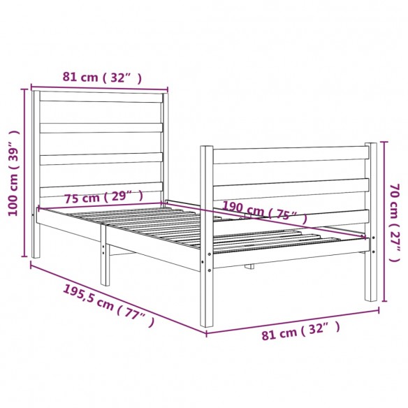 Cadre de lit bois de pin massif 75x190 cm petit simple