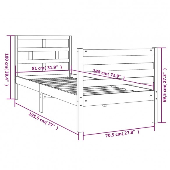 Cadre de lit Bois massif 75x190 cm Petit simple