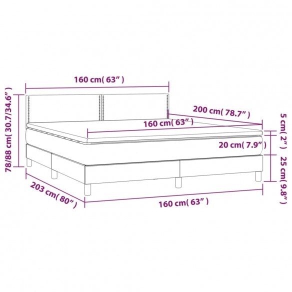 Cadre de lit et matelas et LED Gris foncé 160x200 cm