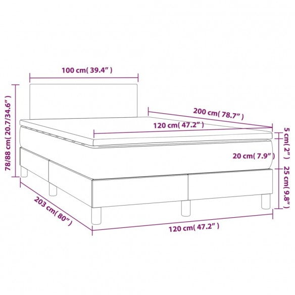 Cadre de lit avec matelas et LED Gris 120x200 cm