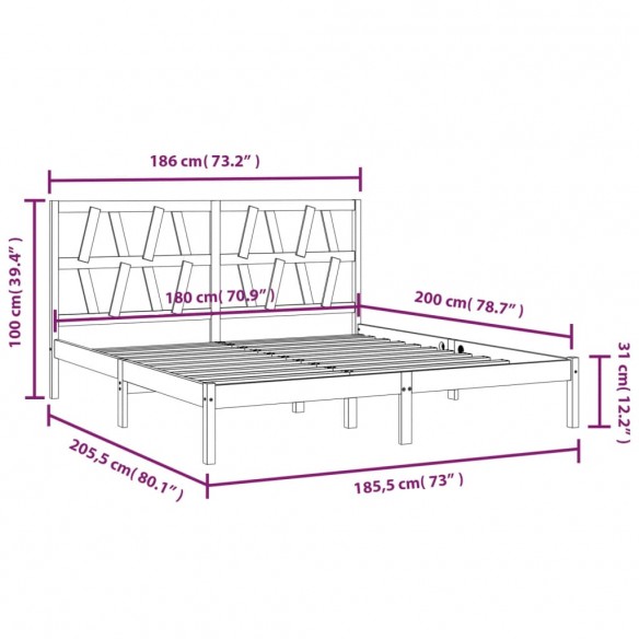 Cadre de lit Noir Bois de pin massif 180x200 cm Super King