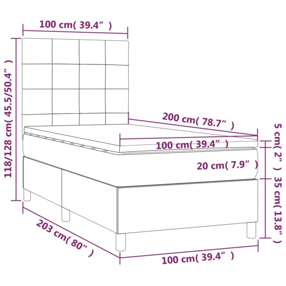 Cadre de lit matelas et LED Gris foncé 100x200 cm