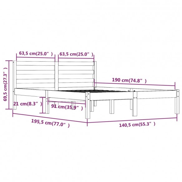 Cadre de lit bois de pin massif 135x190 cm double