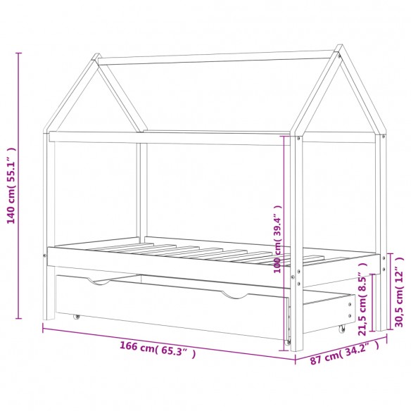 Cadre de lit enfant avec tiroir blanc bois pin massif 80x160 cm