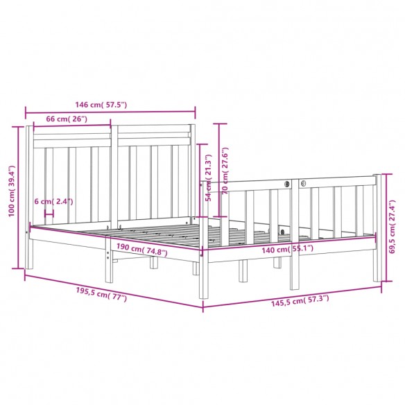 Cadre de lit Bois massif 140x190 cm