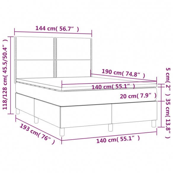 Cadre de lit et matelas Gris clair 140x190cm Velours