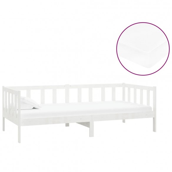 Lit de repos avec matelas 90x200 cm Blanc Bois de pin massif