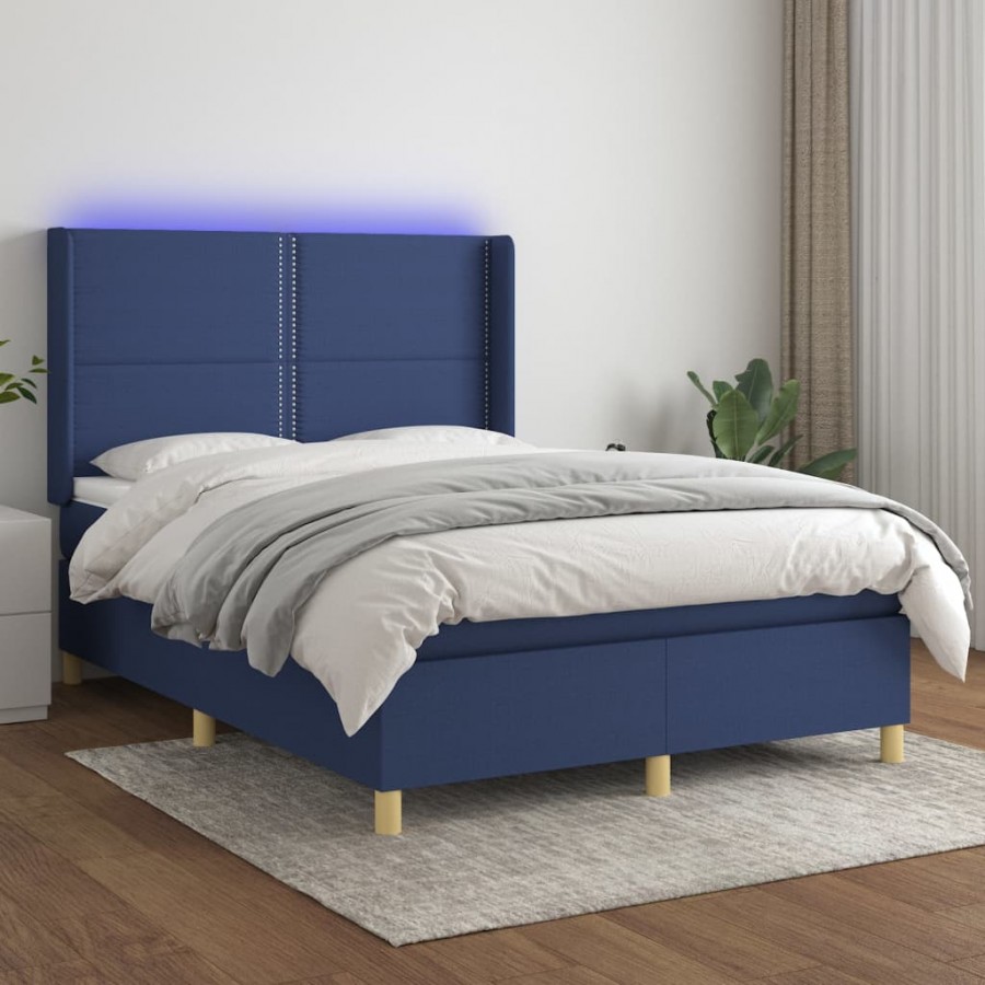 Cadre de lit matelas et LED Bleu 140x200 cm Tissu